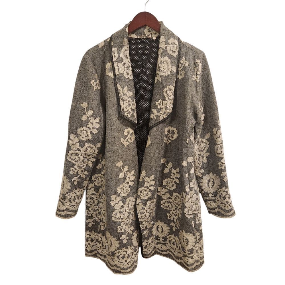 Soft Surroundings Grey Floral Jacket Size XL Floral Embroidered